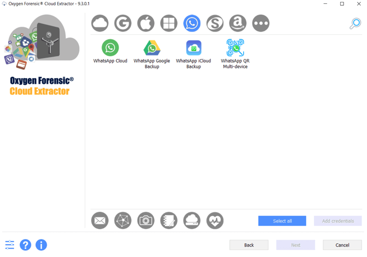 Screenshot of available WhatsApp services with the Oxygen Forensic® Cloud Extractor