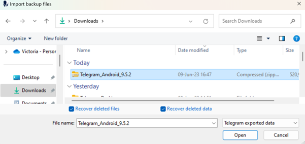 Screenshot of user with the file explorer opening a file to import Telegram data file into Detective with the Import Wizard