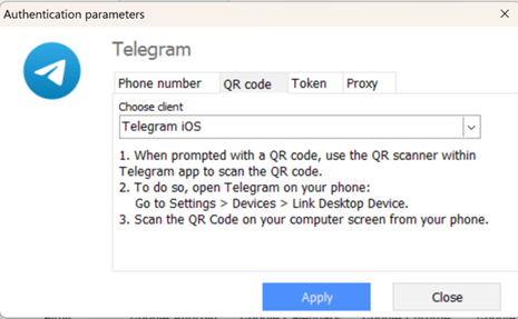 Screenshot of Telegram authentication screen open in Cloud Extractor with the QR code tab open