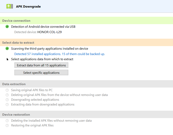 Screenshot of running APK Downgrade method being ran by the Device Extractor