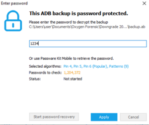 Screenshot of user entering the default password to decode the Android backup