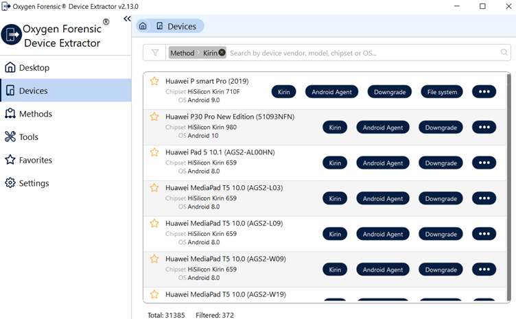 Screenshot of Oxygen Forensic® Device Extractor window with Huawei Devices with Kirin chipsets that Oxygen Forensic® Detective can extract data from