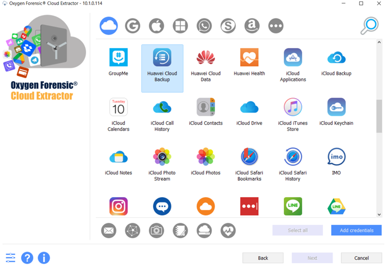 Screenshot of Oxygen Forensic® Cloud Extractor window showing the list of apps that Oxygen Forensic® Detective can extract cloud data from with Huawei Cloud Backup highlighted