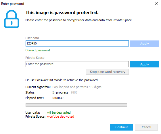 Screenshot of entering in user password for PrivateSpace to extract the data in Oxygen Forensic® Detective
