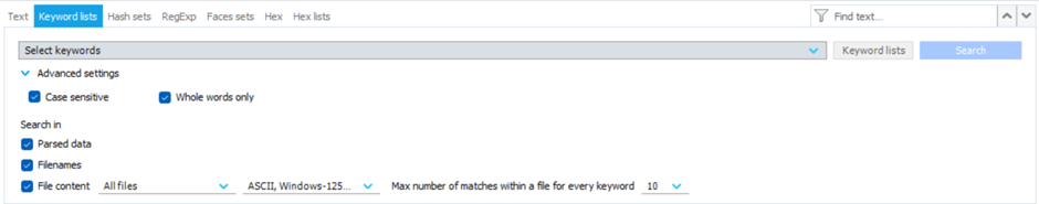 Screenshot of Keyword lists search criteria tab after opening it