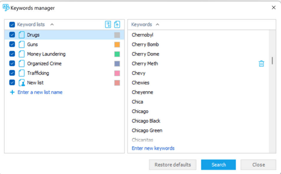 Screenshot of Keyword Manager in Oxygen Forensic® Detective search section