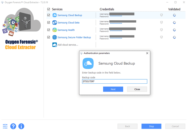 Screenshot of Samsung Cloud Backup authentication parameters