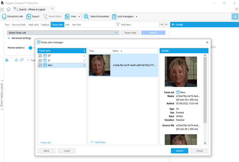 Screenshot of a face being searched based on the face set created by the user. 
