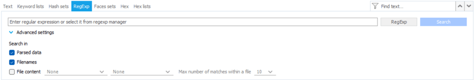 Screenshot of Regular expression in the search criteria tab