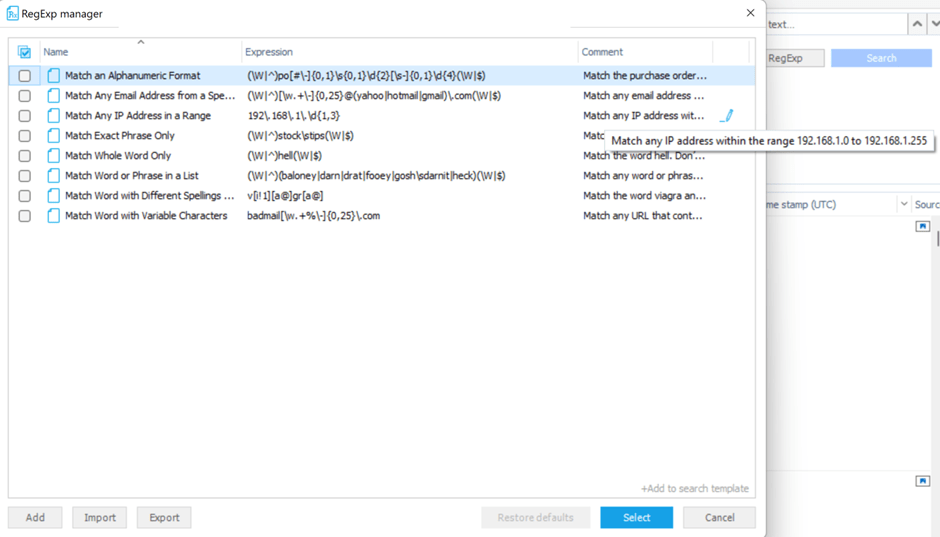 Screenshot of files available in “ReqExp” manager