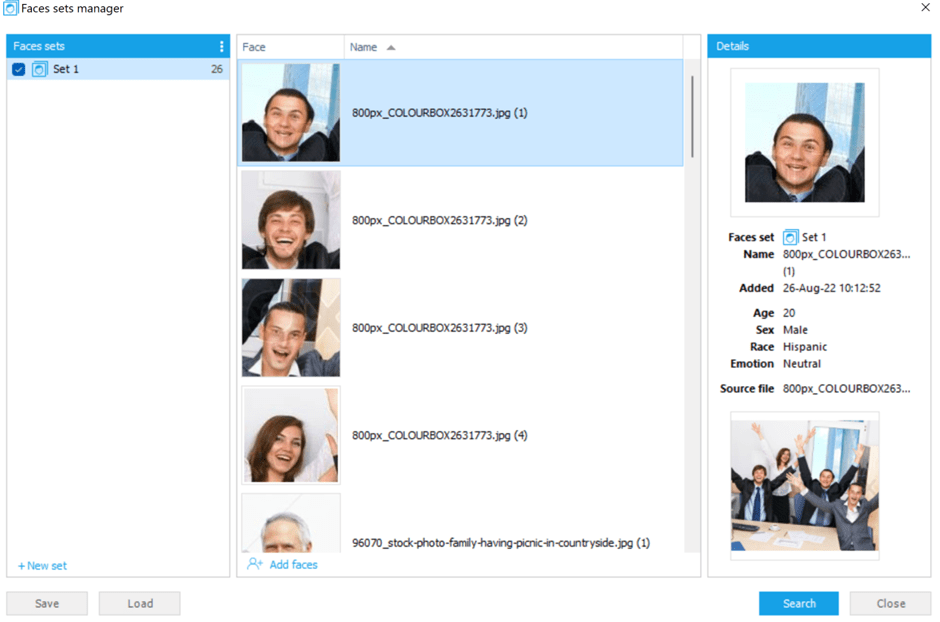 Screenshot of searching through imported images to search based on the face set you choose