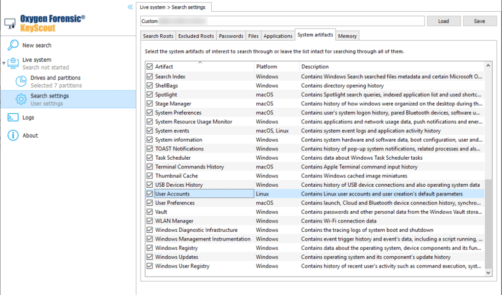 Screenshot of Search settings to ensure that Linux user accounts will be extracted