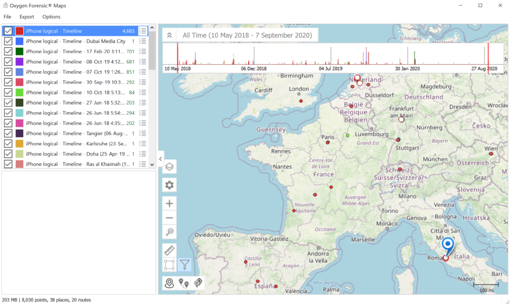 Screenshot of user viewing locations in OxyMaps in the Timeline feature