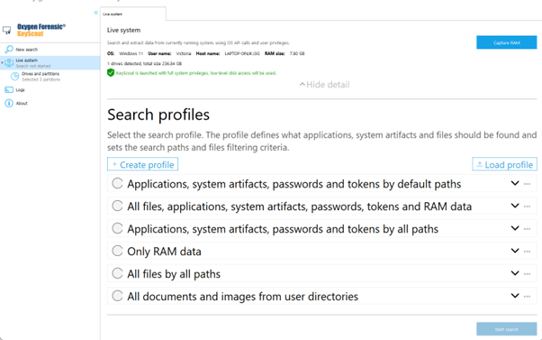 : Screenshot of available search profiles in Oxygen Forensic® KeyScout