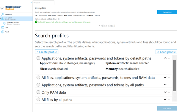Screenshot of user editing search profiles in Oxygen Forensic® KeyScout