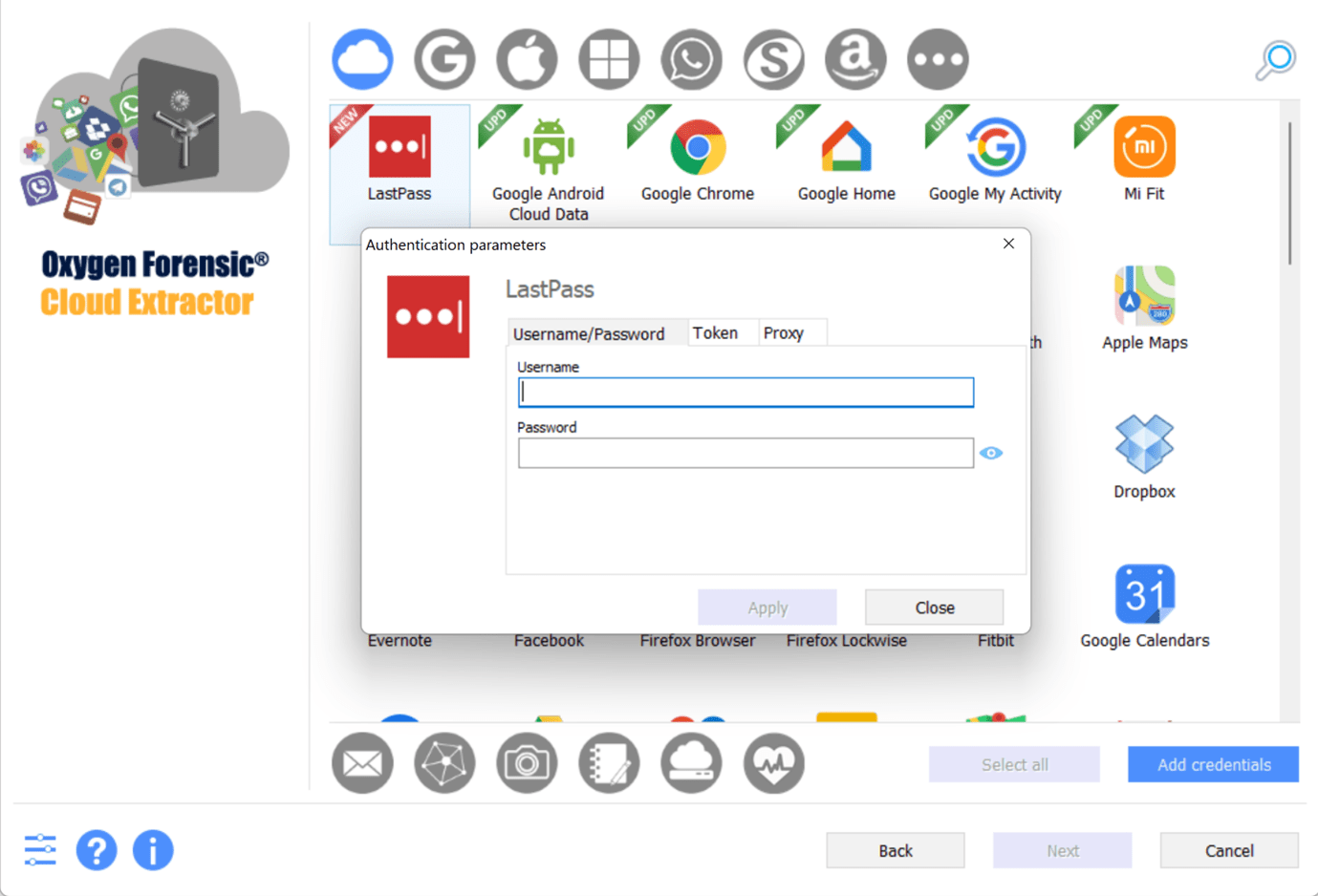 Screenshot of Cloud Extractor pop-up screen asking for LastPass authentication parameters