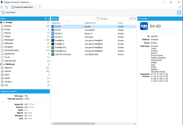 Screenshot of viewing supported Drone applications in the Oxygen Forensic® Detective window