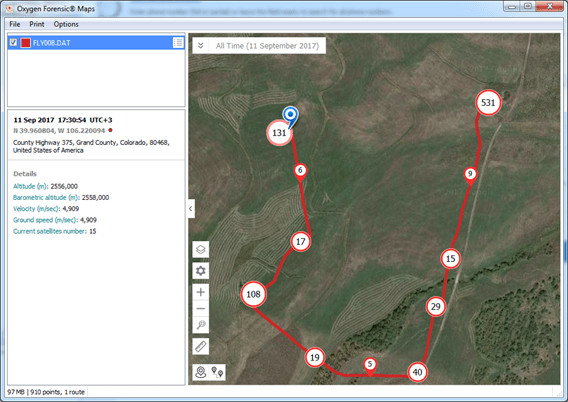Screenshot of Oxygen Forensic® Maps tool viewing location data of Drone data