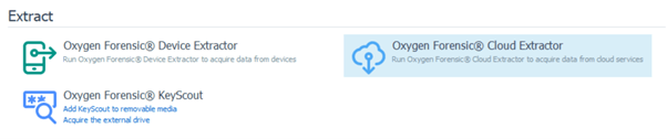 Screenshot of Oxygen Forensic® Detective home screen and locating Cloud Extractor