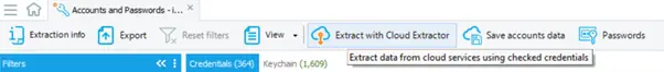 Screenshot of extract of Cloud Extractor data in the accounts and passwords section in Oxygen Forensic® Detective