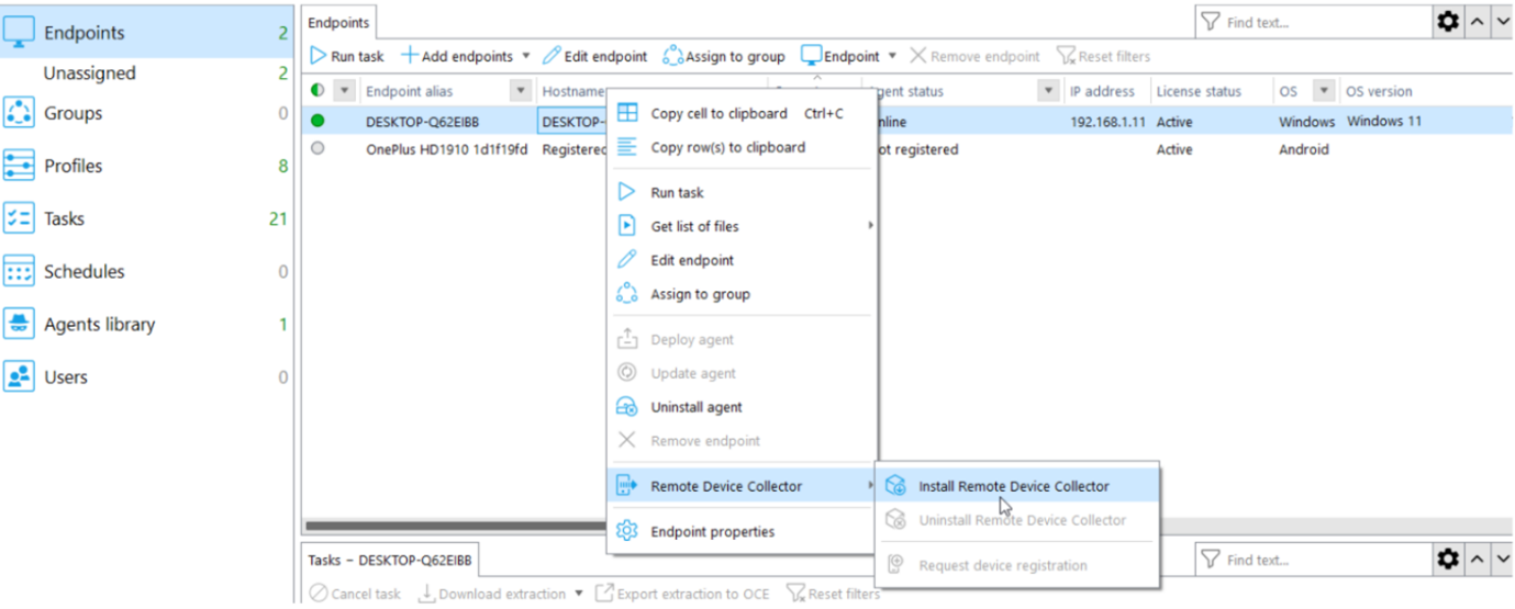 Screenshot of the Agent Management Center, in Oxygen Corporate Explorer, right clicking to bring up a menu, to then hover over ”Remote Device Collector“, and then select “Install Remote Device Collector”