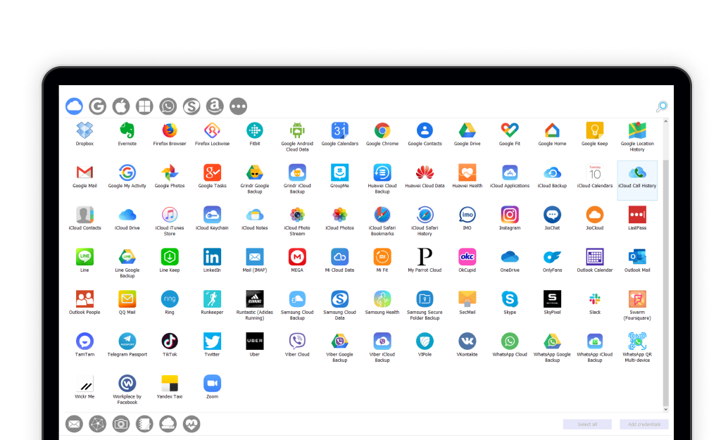 Grid with popular application icons