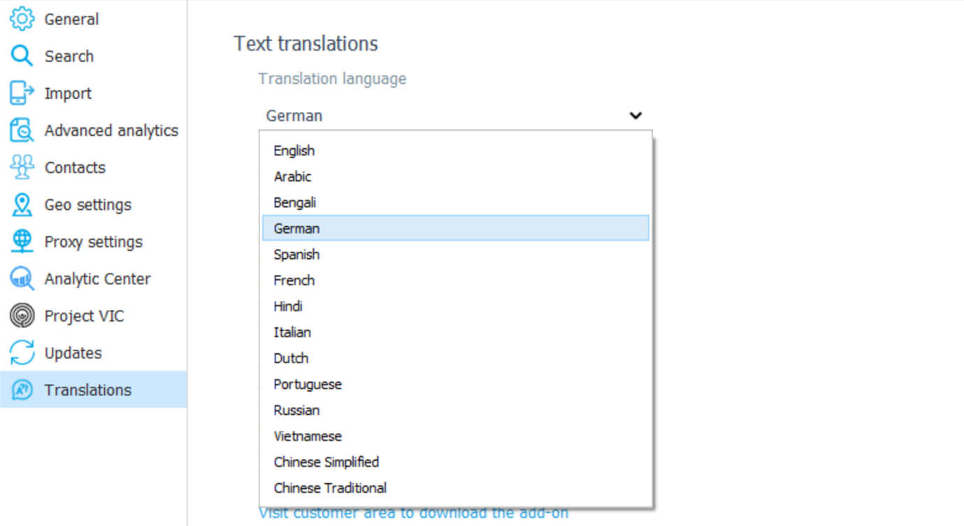 Screenshot of settings in Oxygen Forensic® Detective choosing the language you want to translate from the picklist